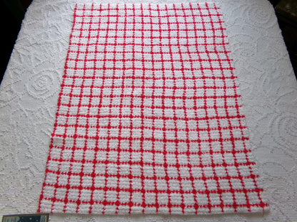 red & white cubes vintage chenille fabric, peppermint micro plaid pattern, 18" x 24" cut piece for xmas stockings, Christmas quilts