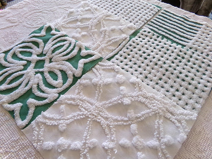 green & white chenille fabric squares, set of 6 large 9.5" square craft and quilt blocks, cut from vintage chenille bedspreads