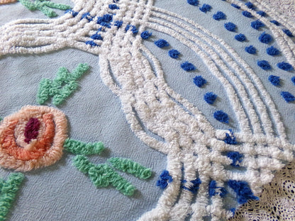Cottage Style Blue Chenille Fabric, Pretty Pink Roses, 23" x 21" inch Piece, Great for Handmade Quilts & DIY Pillow Covers