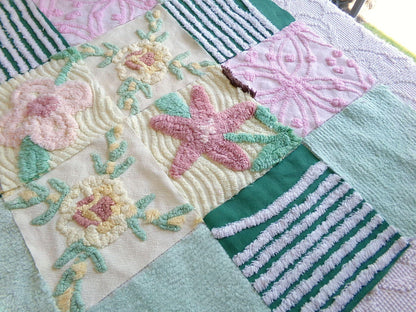 enchanted forest chenille fabric squares, set of 16 vintage craft quilt blocks 6" inches ea, yellow, green, pink & floral patterns