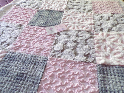 modern pink & grey chenille fabric squares, set of 16 vintage 6" quilt blocks for sewing, quilting, fiber arts