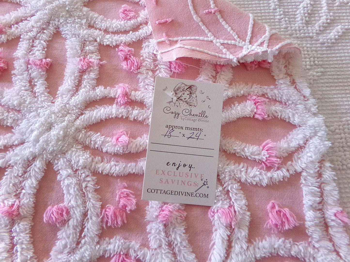 perfectly pink chenille fabric, white tufted wedding rings & sprinkle pops, 18" x 24" inch piece cut from vintage chenille bedspread