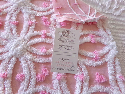 perfectly pink chenille fabric, white tufted wedding rings & sprinkle pops, 18" x 24" inch piece cut from vintage chenille bedspread
