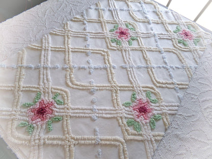 neutral pink rose vintage chenille fabric, beautiful 20" x 30" inch piece of cotton sewing material for quilting & crafts