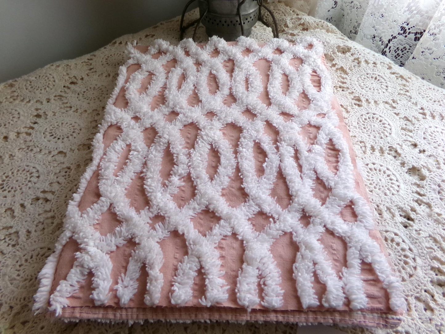 plush white eternity link chenille fabric on peach cotton seersucker, 19" x 25" inch piece of sewing material