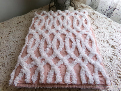 plush white eternity link chenille fabric on peach cotton seersucker, 19" x 25" inch piece of sewing material