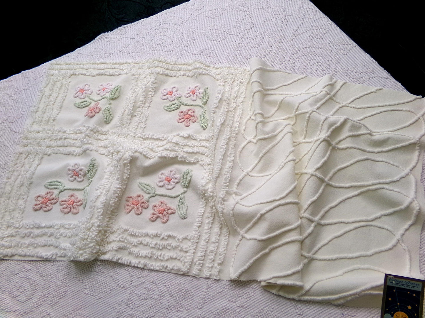 Baby Daisies Vintage Chenille Fabric, Adorable Split Floral Design, 17" x 35" Piece Quilt Sewing Material