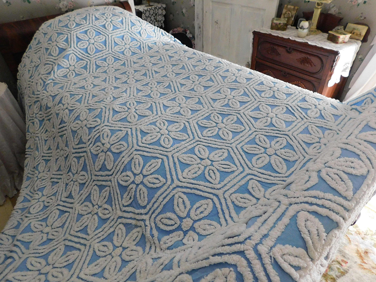 Vintage Chenille Bedspread, White Daisy Hexagon Design on Sky Blue, Full Size 1950s Geometric Design, 100% Cotton