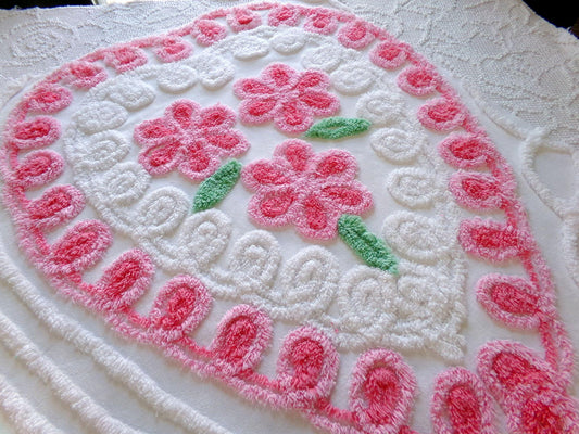 pink heart vintage chenille fabric, shabby cute rose trio on white, 24" x 23" piece of sewing material for pillows, quilts, wall hanging