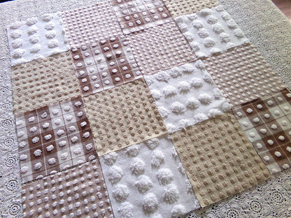 teddy bear browns chenille fabric squares, set of 16 vintage 6" quilt blocks for sewing, quilting, crafts in mocha, chocolate & white pops