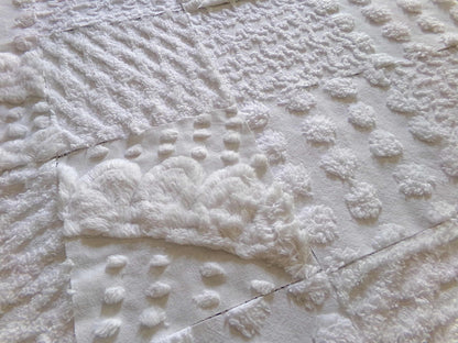 snow day white chenille fabric squares, 16 vintage 6" x 6" quilt blocks, pops, squiggles, diamond lattice & swirls