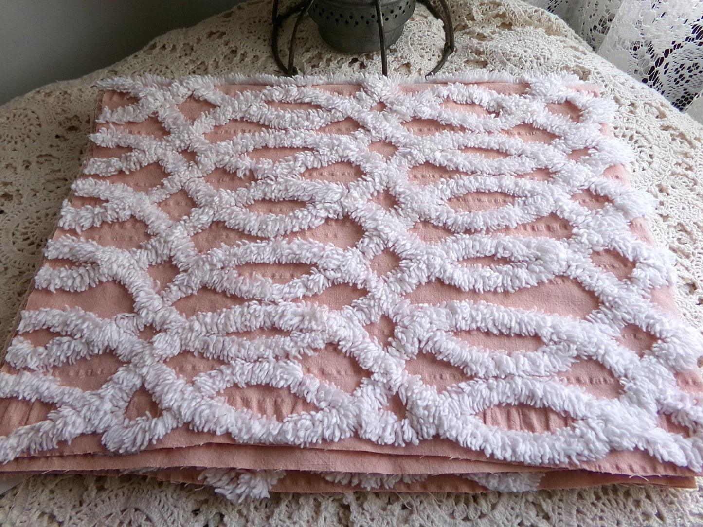 plush white eternity link chenille fabric on peach cotton seersucker, 19" x 25" inch piece of sewing material