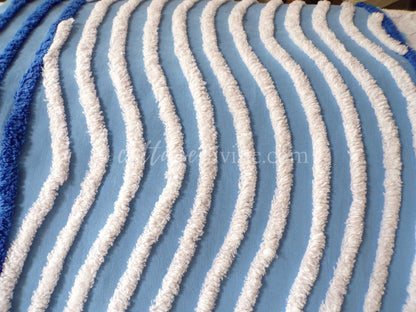 Gentle Waves Vintage Chenille Quilt Fabric, 26" x 16.5" Piece, 100% Cotton White Tufting on Blue
