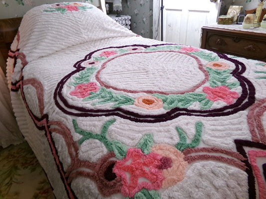 Cottage Charm Cozy Plush Vintage Chenille Bedspread, Autumn Rose Florals, Full Size