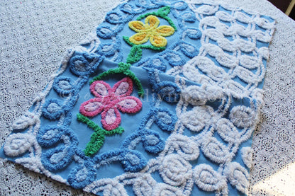 Sky Blue Swirls Vintage Style Chenille Fabric, 16" x 28" Inch Floral Piece, White Curlicues