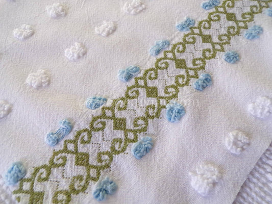 delicate vintage chenille fabric in abstract blue ivy rosebuds & white pops, 26" x 21" inch piece of quilt sewing material