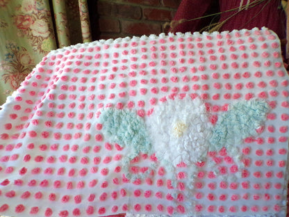 Angelic White Lily Cupcake Pink Pops Handtufted Vintage Chenille Fabric, 21" x 28" inch antique piece, Beautiful in DIY Pillows