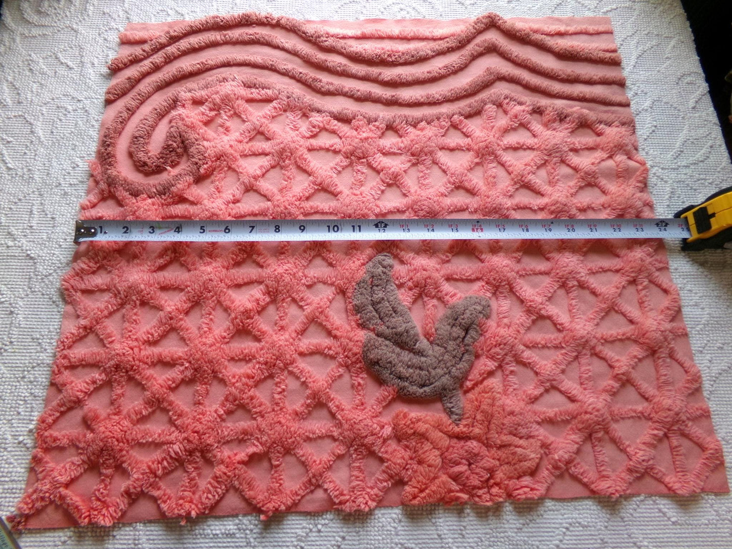 unique vintage chenille fabric panel in twinkle starburst pattern, nostalgic sewing material for quilts & pillows, 23" x 20" inch piece