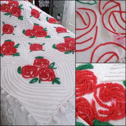 hopeless romantic vintage chenille bedspread, shabby red pinwheel roses in swirl hearts, 100% white cotton full size bedding, pom pom trim