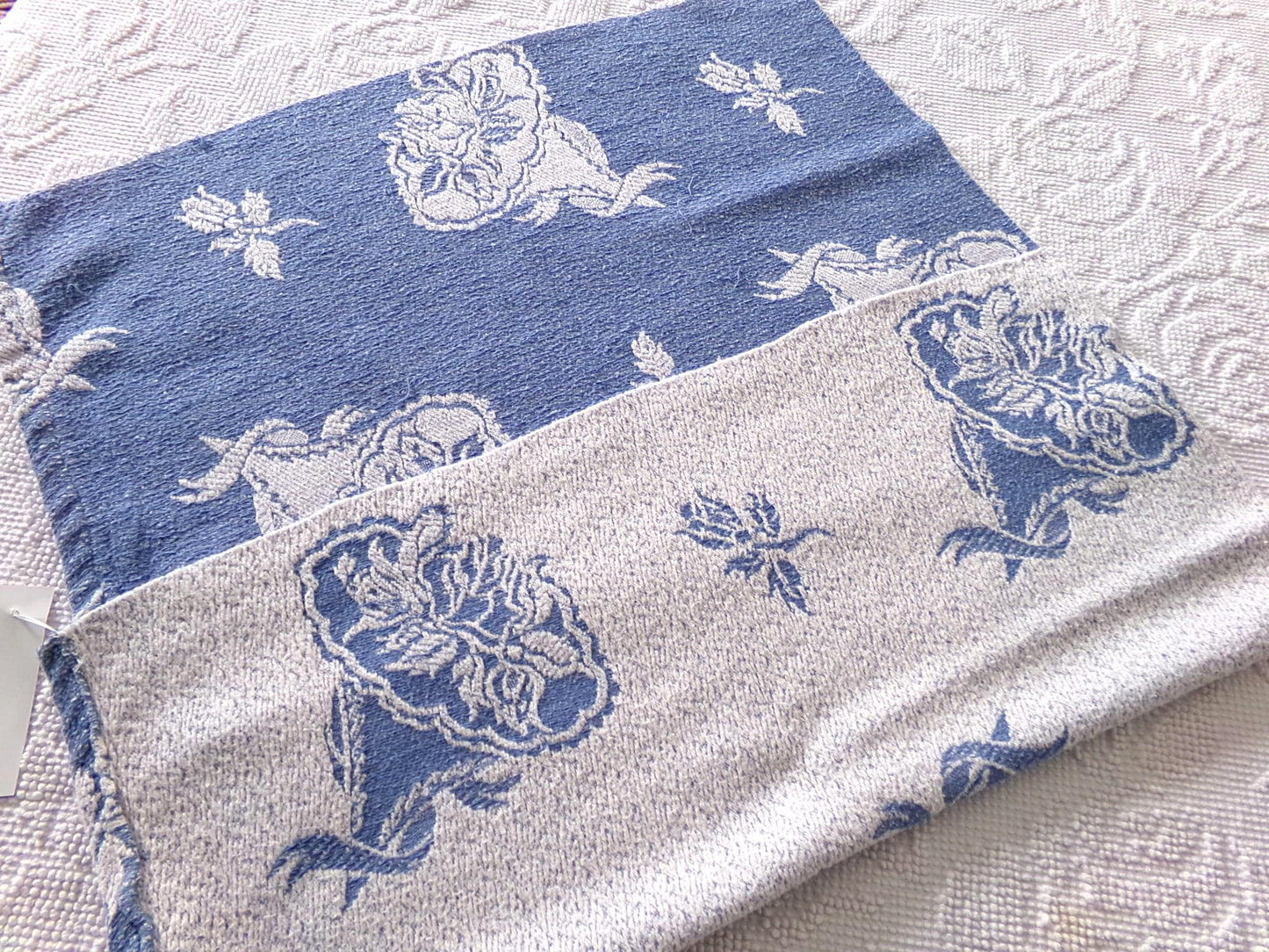 romantic coastal style vintage woven fabric, white & blue bridal floral bouquets, reversible 20" x 27" inch piece of shabby sewing material
