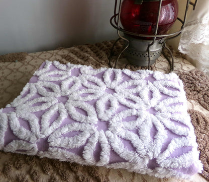 Spring Lavender Vintage Chenille Fabric in Lilac Purple & Fluffy White Daisy, 19" x 25" inch Piece, Lovely in Quilts