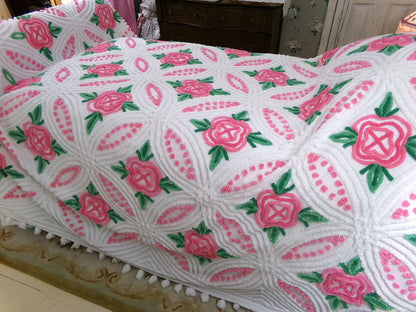 princess pink rose vintage chenille bedspread, cabbage roses on white with pom pom trim, 100% cotton full size cottage bedding