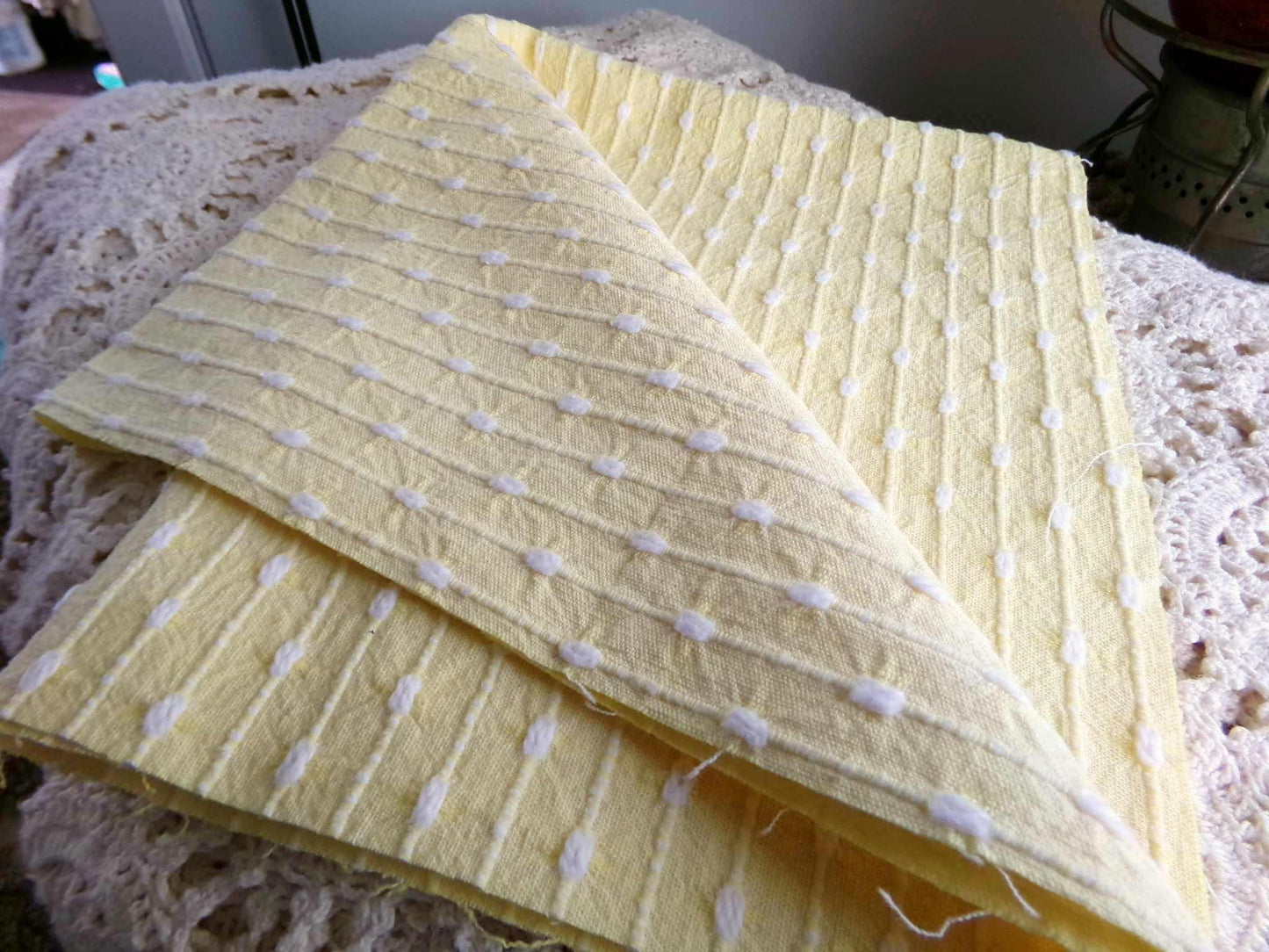 Sunny Yellow Vintage Woven Fabric With Tiny White Chenille Pearl Tufts, Lightweight 20" x 14" Piece