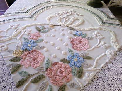 Romantic Cottage Chic Vintage Chenille Fabric, 28" x 26" Piece, Needletuft Floral Wreath Ivy Bow, for Quilting, Sewing, Fiber Arts, Crafts