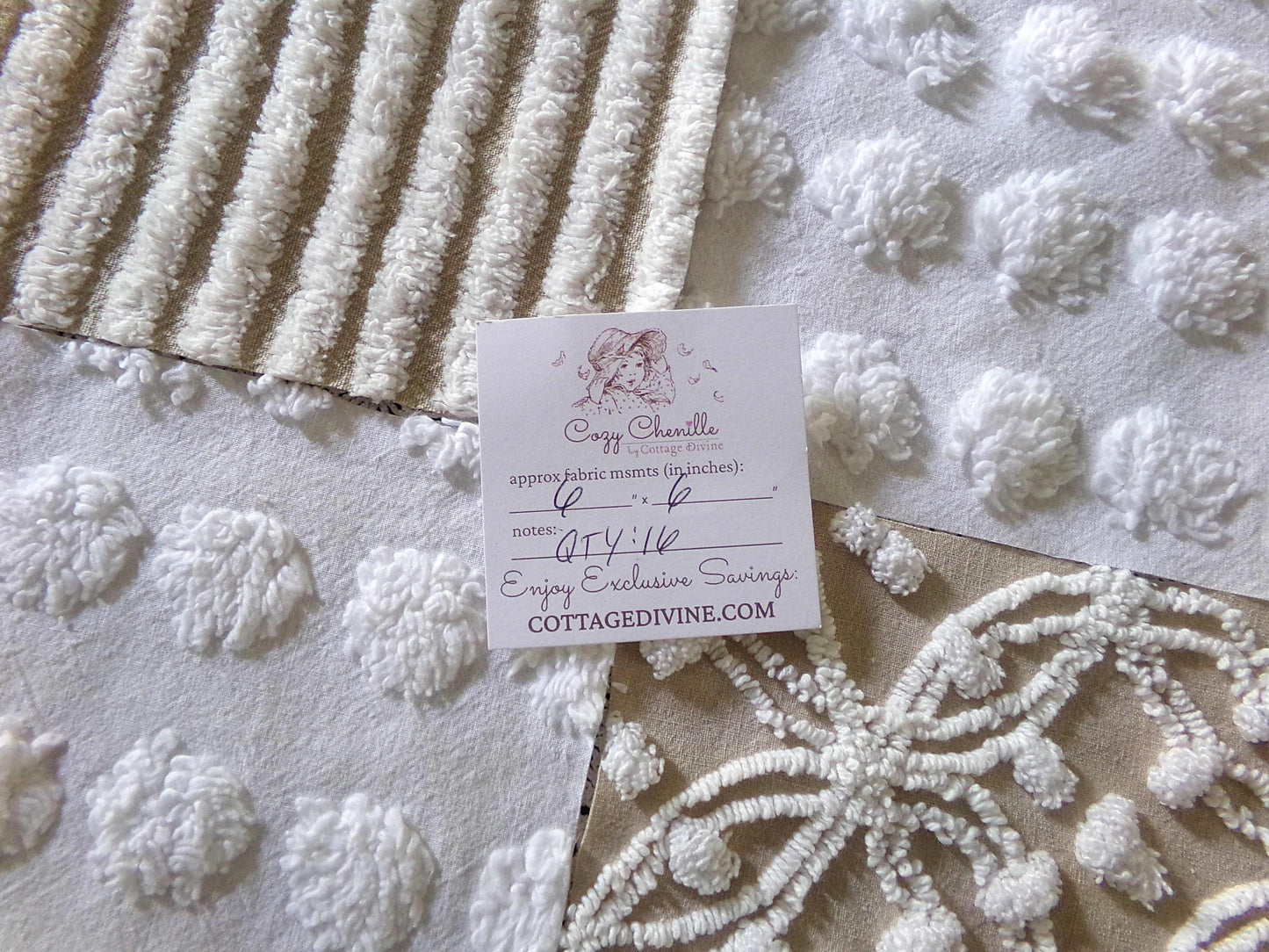 Neutral Modern Mocha & White Chenille Fabric Squares Set, 16 Vintage Quilt Blocks, 6" x 6" inches each, for Quilting, Sewing, DIY Pillows