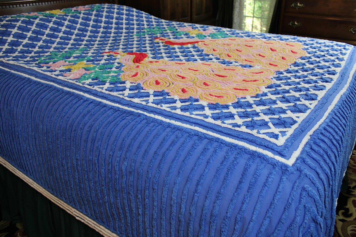 Royal Blue Vintage Peacock Chenille Bedspread, Bold Tropical Floral Colors, FULL Sz