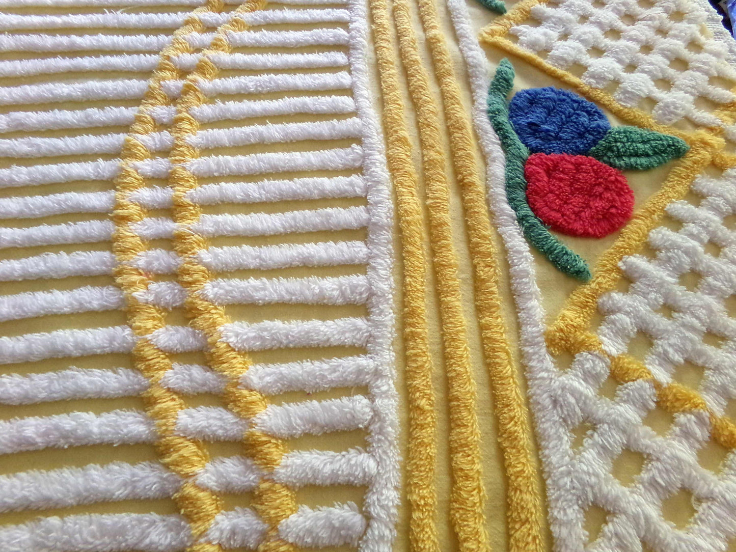 Happy Vintage Chenille Fabric, Red & Blue Rosettes on Yellow Geometric, 29" x 30" inch piece