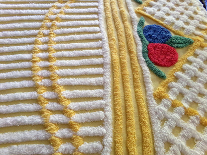 Happy Vintage Chenille Fabric, Red & Blue Rosettes on Yellow Geometric, 29" x 30" inch piece