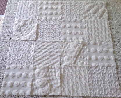 snow day white chenille fabric squares, 16 vintage 6" x 6" quilt blocks, pops, squiggles, diamond lattice & swirls