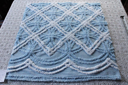 Breezy Coastal Vintage Style Chenille Fabric, 21" x 22" Inch Piece, Plush Sky Blue & White Geometric