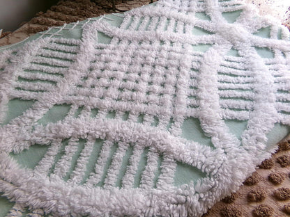 Mint Green Vintage Chenille Quilt Fabric, 21" x 30" inch Piece, White Geometric Wedding Ring Pattern