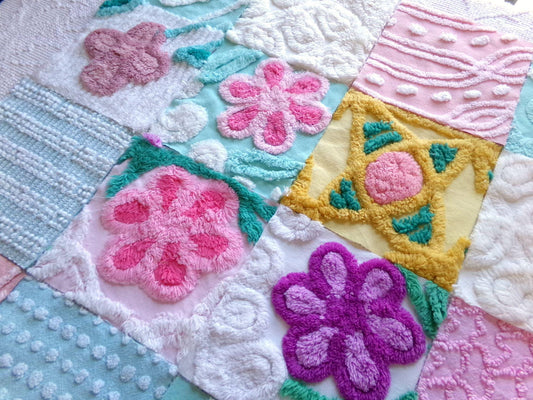 funky flowers 6" chenille squares, colorful mixed set of 16 quilt blocks rotary cut from vintage chenille bedspread fabrics