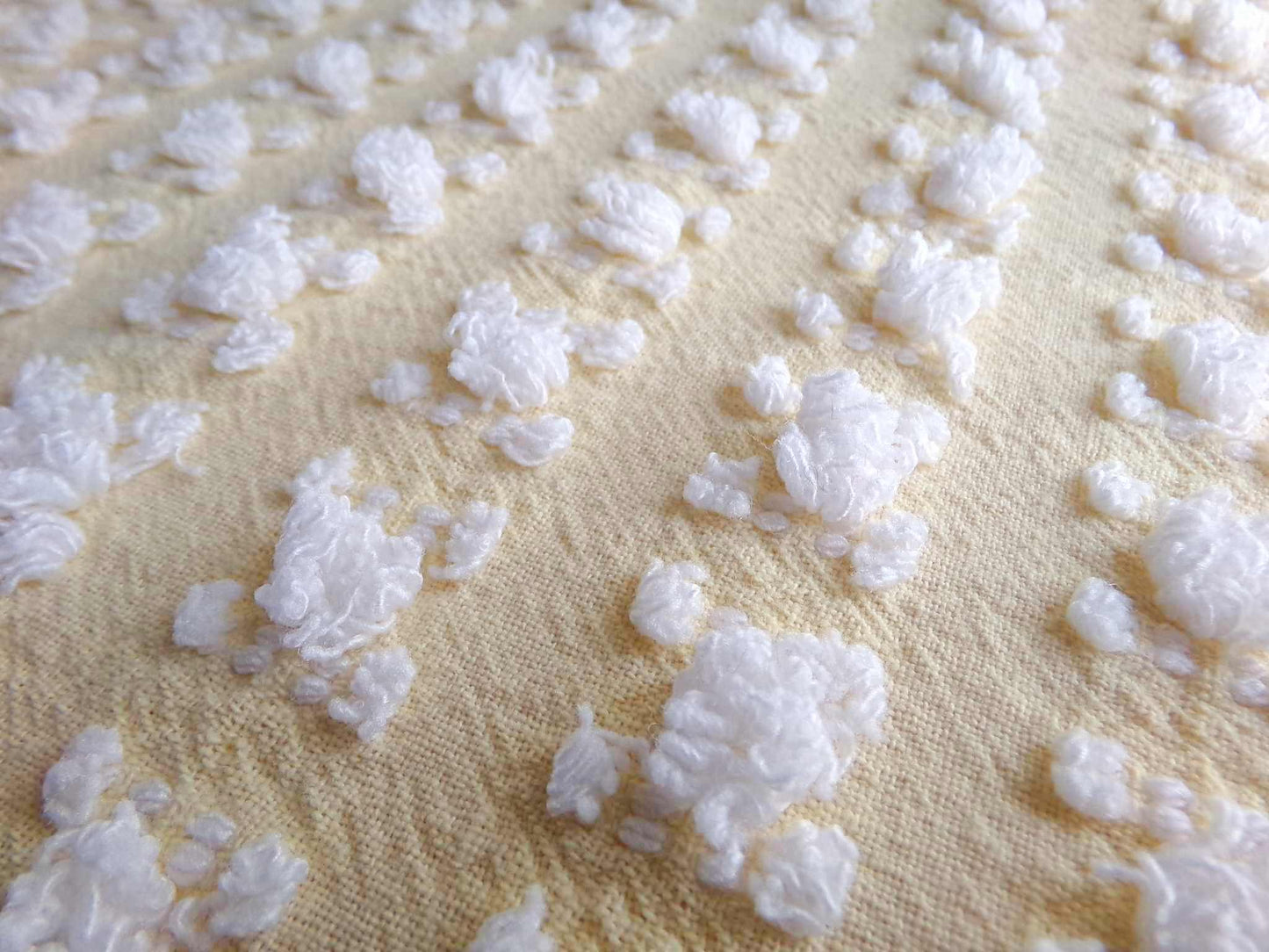 Buttercup Yellow White Rosebud Vintage Chenille Fabric, Cottage Style Tufted Roses, 12" x 24" inch Piece