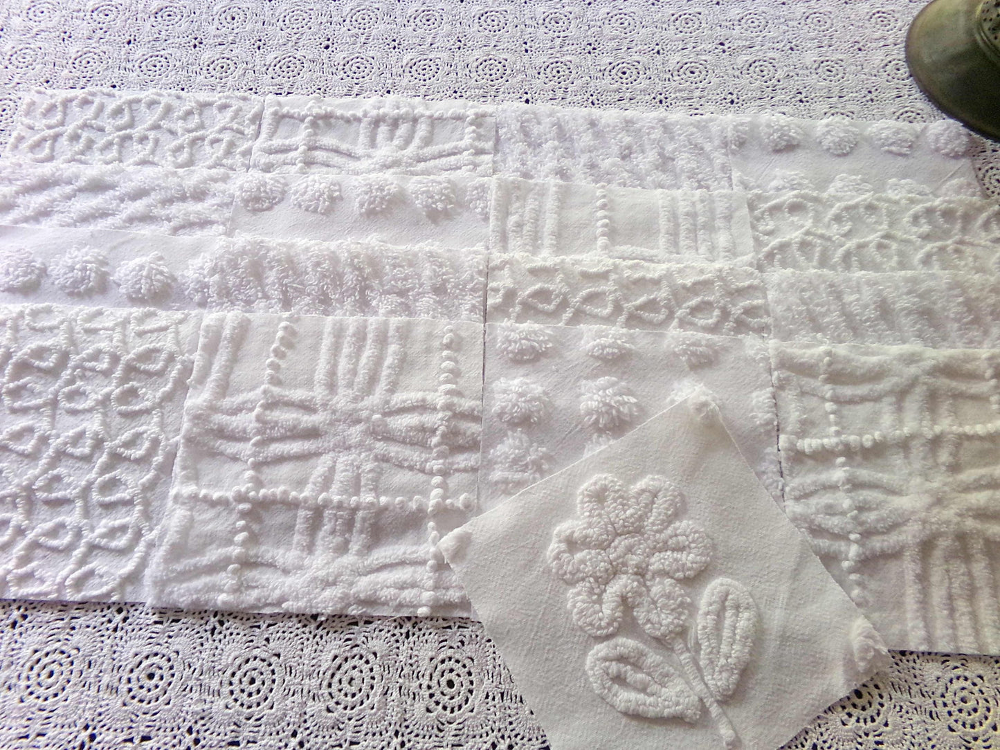 Snowy Whites Chenille Quilt Squares Set from Vintage Bedspread Fabric, 17 Blocks 6" x 6" inch, Pops, Squiggles, Lattice & a Daisy