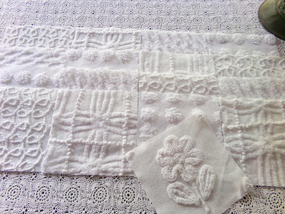 Snowy Whites Chenille Quilt Squares Set from Vintage Bedspread Fabric, 17 Blocks 6" x 6" inch, Pops, Squiggles, Lattice & a Daisy