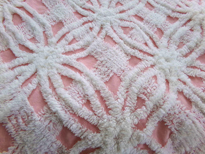 quilter's favorite chenille fabric, classic pink & white spider tufted sewing material, 20" x 24" inch piece from vintage chenille bedspread