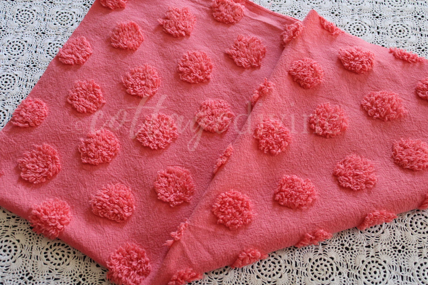 Zesty Jumbo Watermelon Pops Vintage Style Chenille Fabric, Wideset Coin Pop Design, 22" x 26" inch piece with fringe