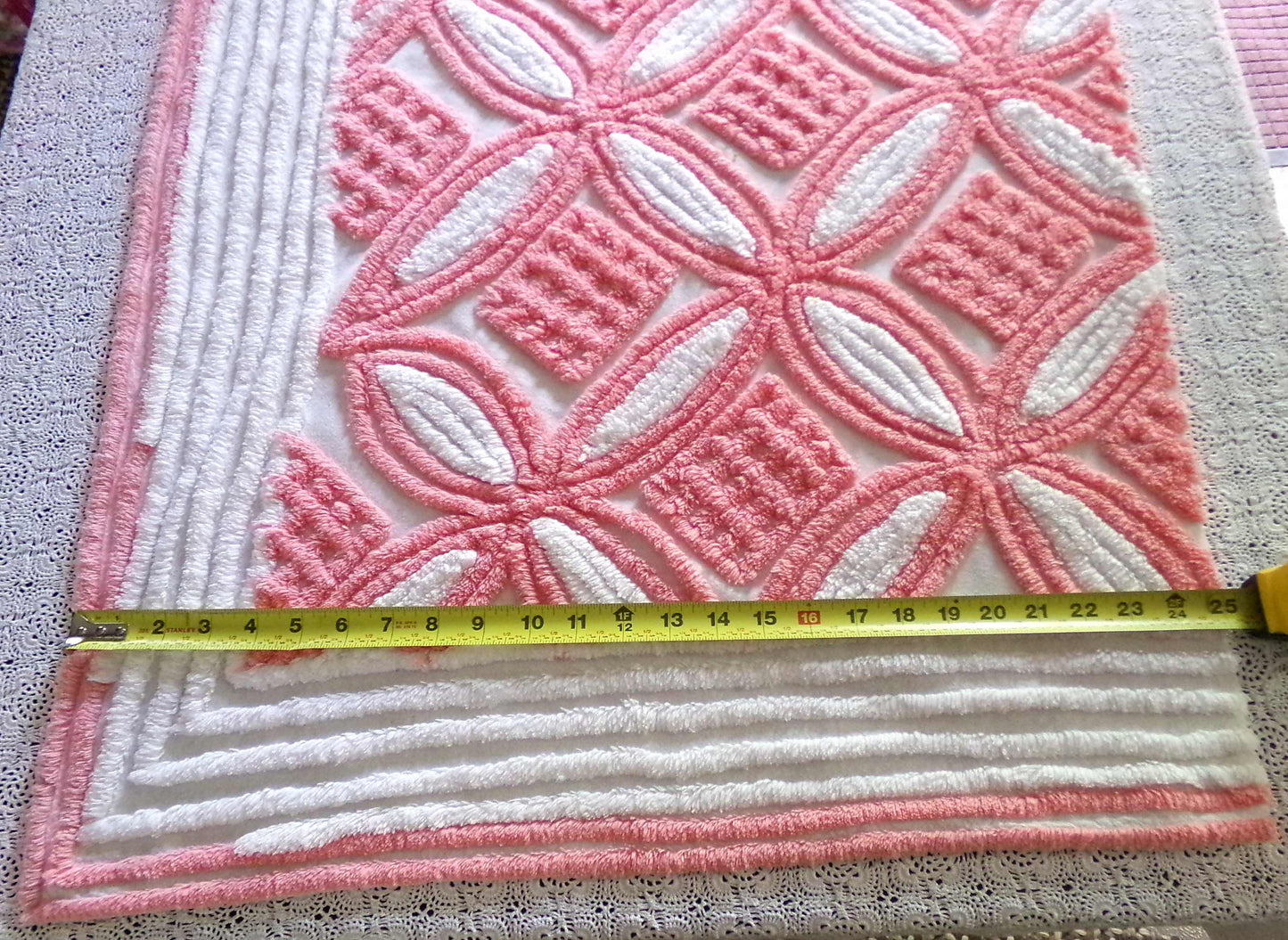 Plush Pink & White Vintage Chenille Fabric, 24" x 30" Inch Piece, 100% Cotton, Optic Wedding Ring Pattern, Great for DIY Pillows