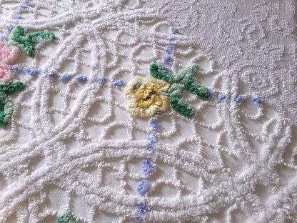 breezy rose floral fabric piece, vintage chenille country cottage style sewing material, 16" x 35" inch piece, white cotton