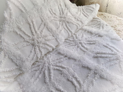 classy white chenille fabric, 3D windowpane webbing design, 20" x 25" inch piece of vintage sewing quilt material, versatile cool neutral