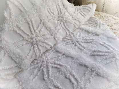 vintage white chenille fabric: webbed windowpane design, 20" x 25" cut piece