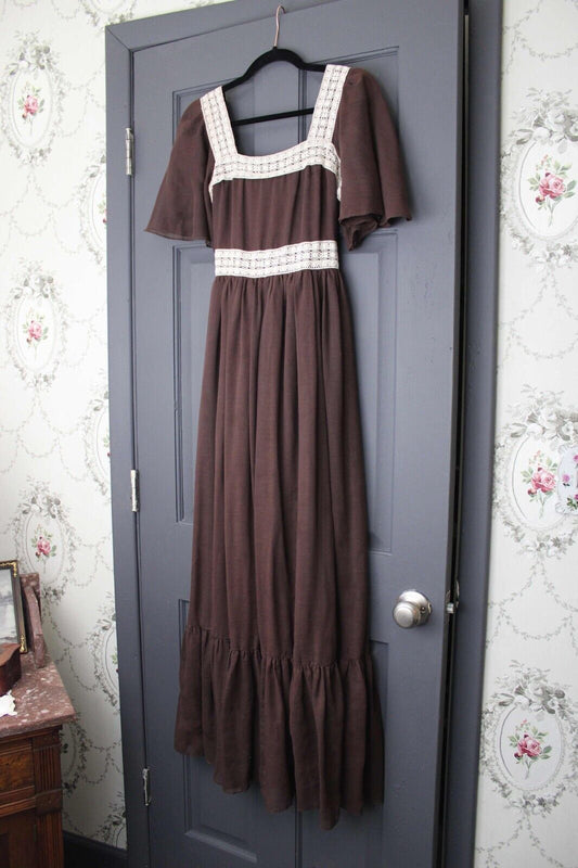 Vintage Boho Brown Prairie Dress, 1970s Long Maxi Length Gown, XS Jr Sz 11, Act I