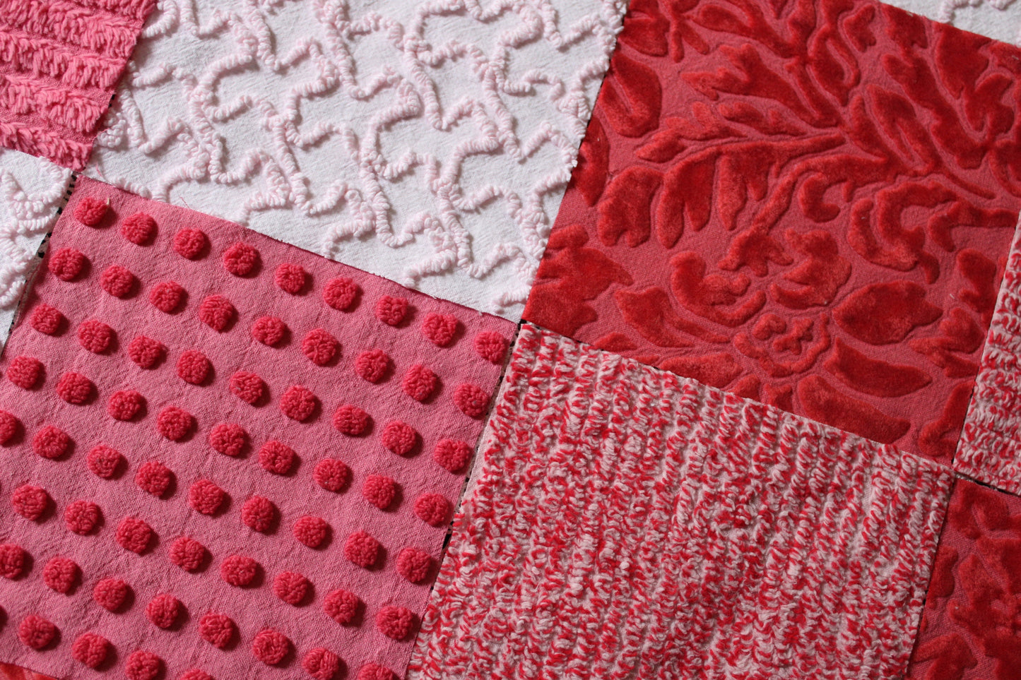 Cupid's Kisses Chenille & Velvet Craft Squares Set from Vintage Bedspread Fabric, 16 Blocks, 6" inch in Pink, Red