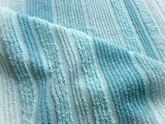 mermaid trail vintage striped chenille fabric, lightweight aqua sewing material with variegated multisize lines, 20" x 24" inch piece