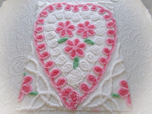 pretty pink heart vintage chenille fabric, a trio of roses with curlicue swirls, 17" x 23" inch piece of sewing material great for pillow