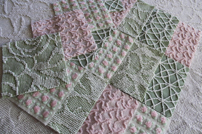 rosy romance chenille fabric squares, set of 16 vintage quilt blocks 6" inches ea, squiggle, hobnail, rosebud texture in jade & pink rose